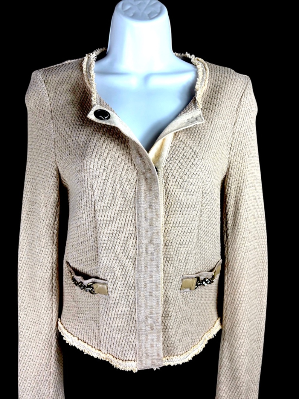 Beatrice .b XS 4 Beige Cotton Knit Cropped Jacket Fringe Rhinestone Italy